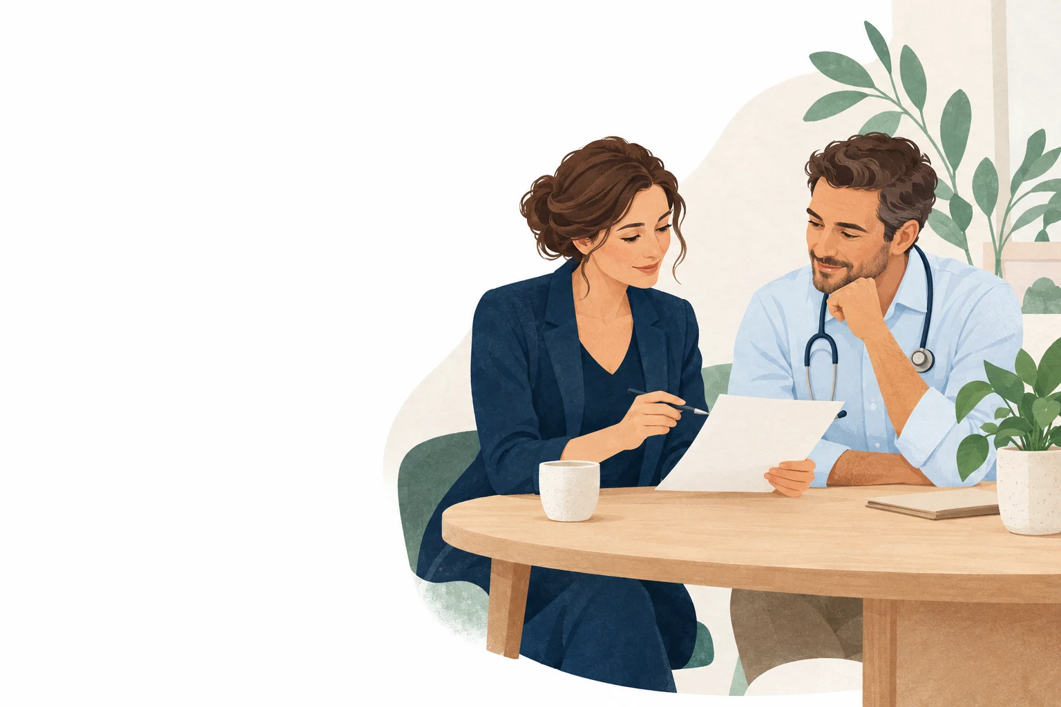 Ilustrace spolupráce lékaře a nutriční terapeutky nad pacientovým plánem